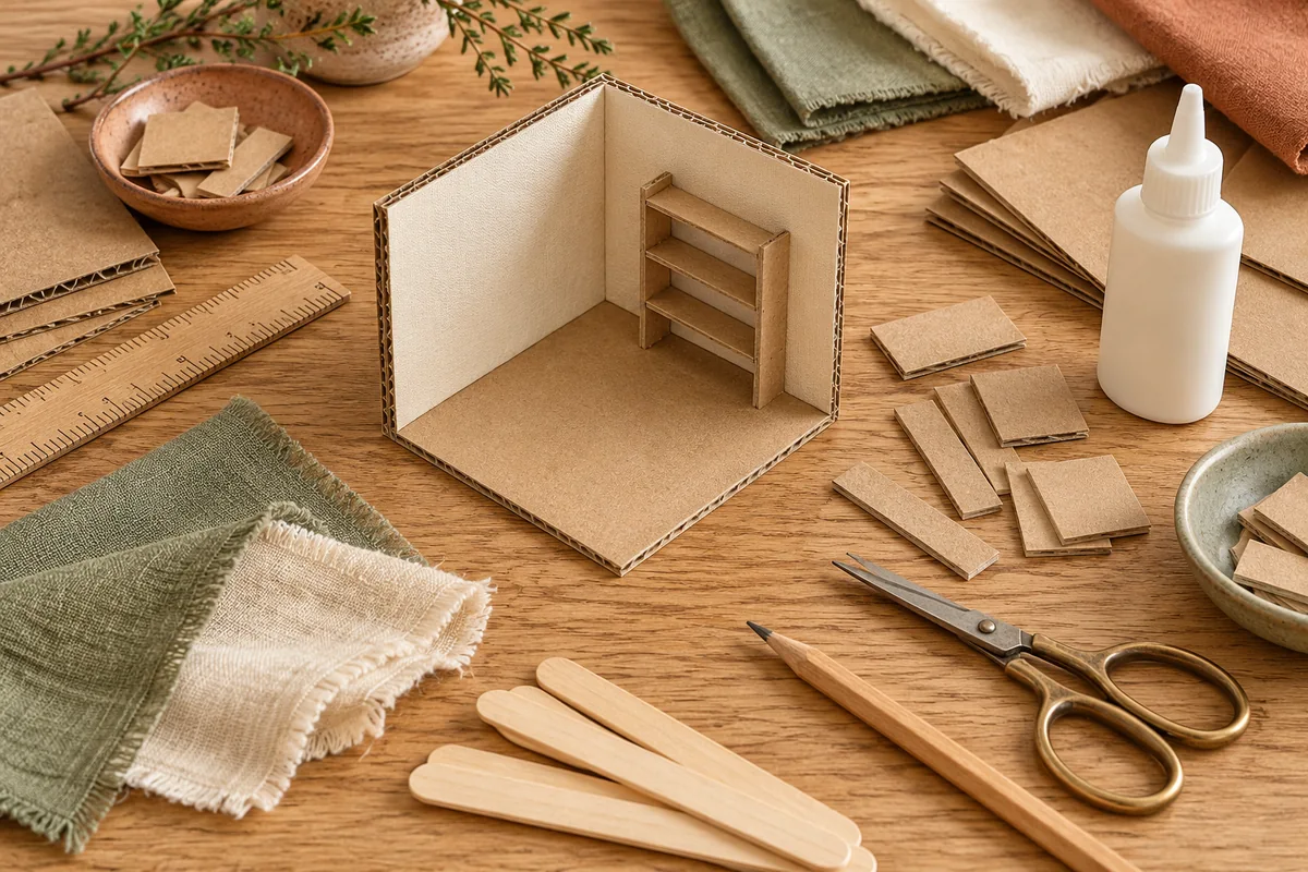 Miniatur-DIY mit Pappe, Holzstäbchen und Stoffresten
