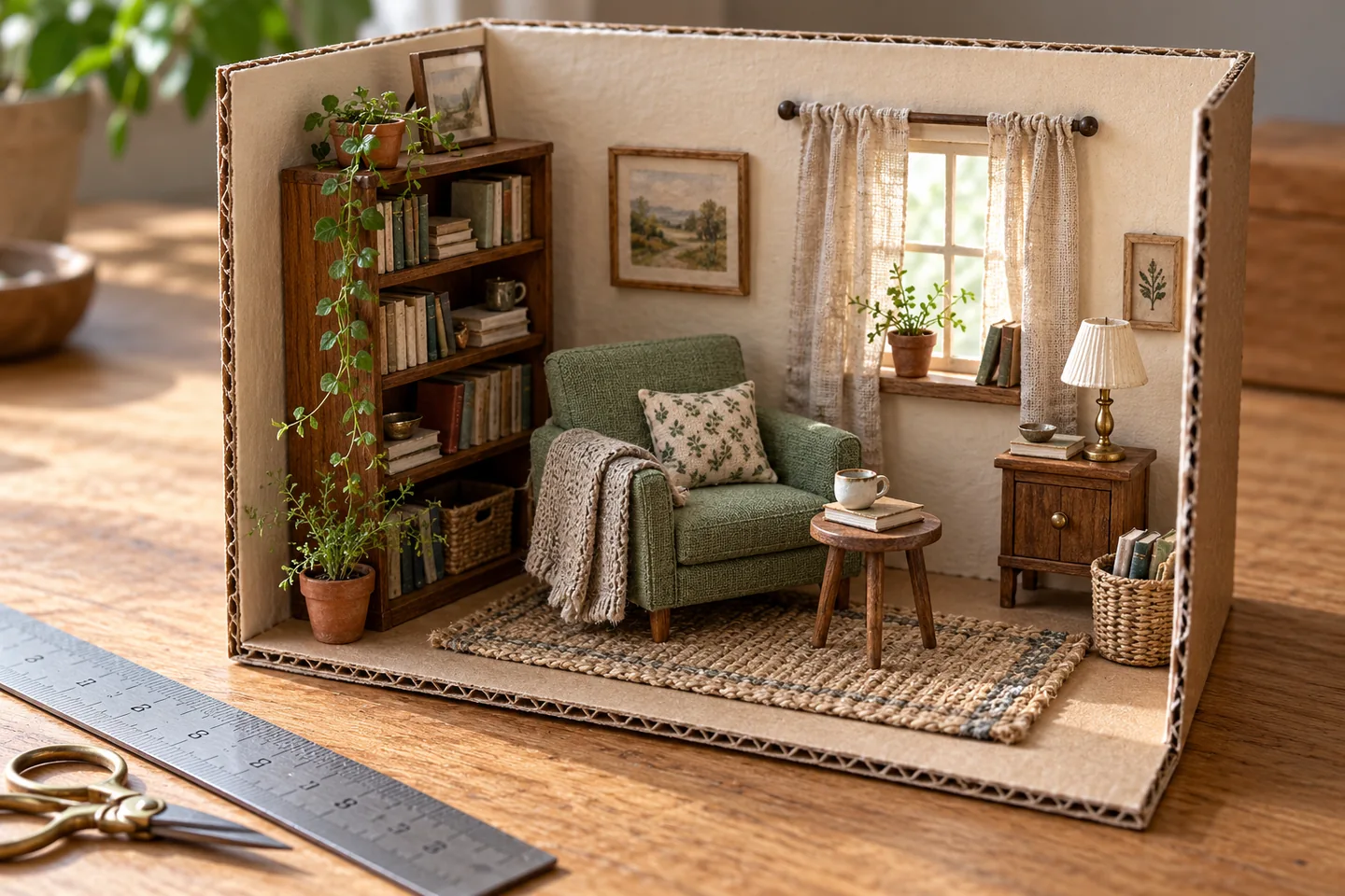 Gemütliche Miniatur-Leseecke aus Pappe