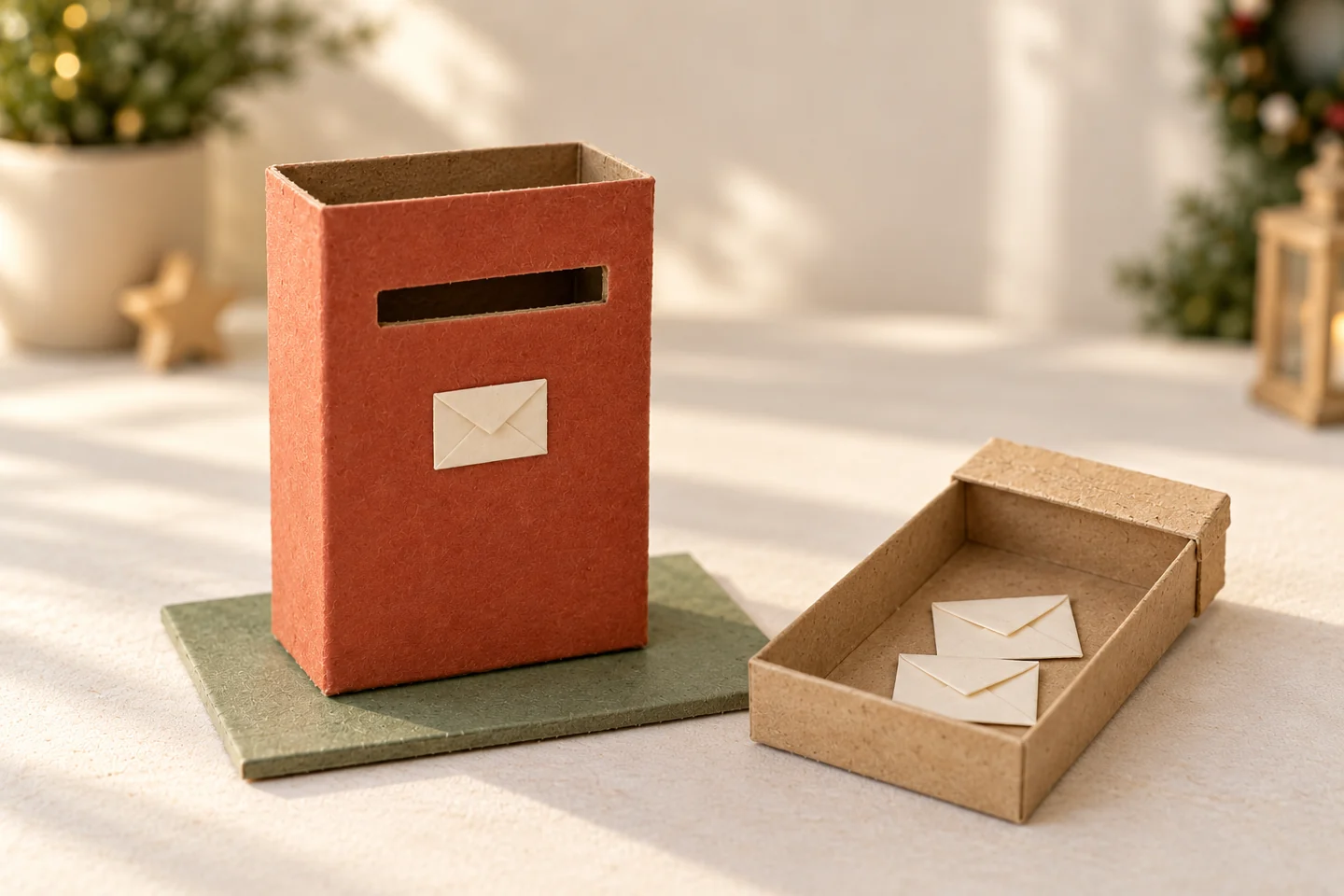 Geöffneter Wichtelbriefkasten mit herausgenommener Innenschachtel und Mini-Briefen