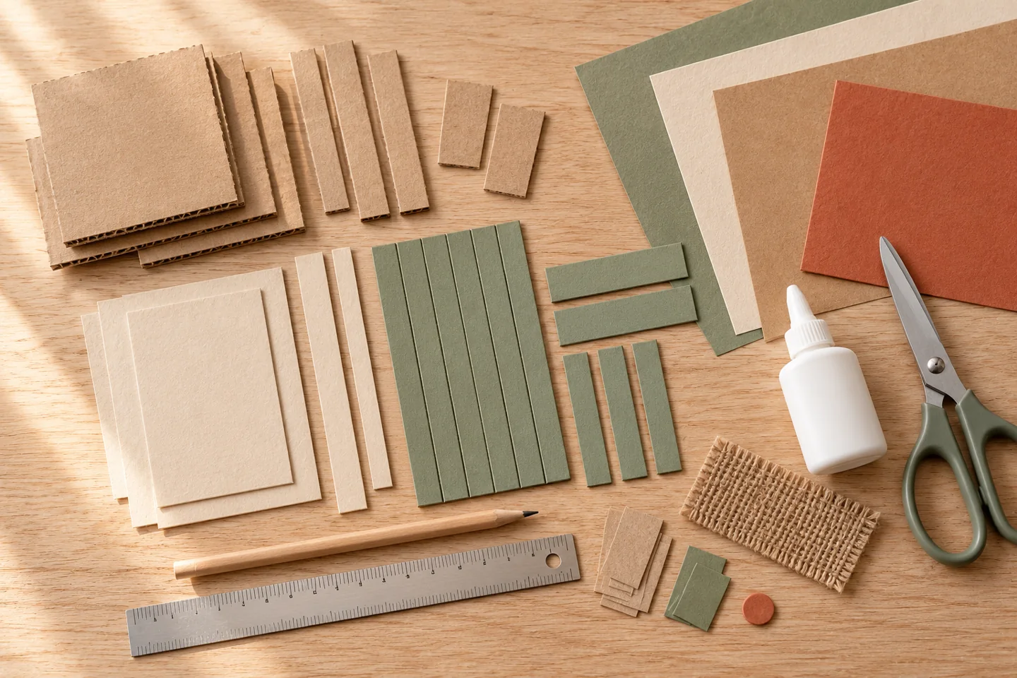 Kartonreste, farbiges Papier, Schere und Kleber für eine Wichteltür